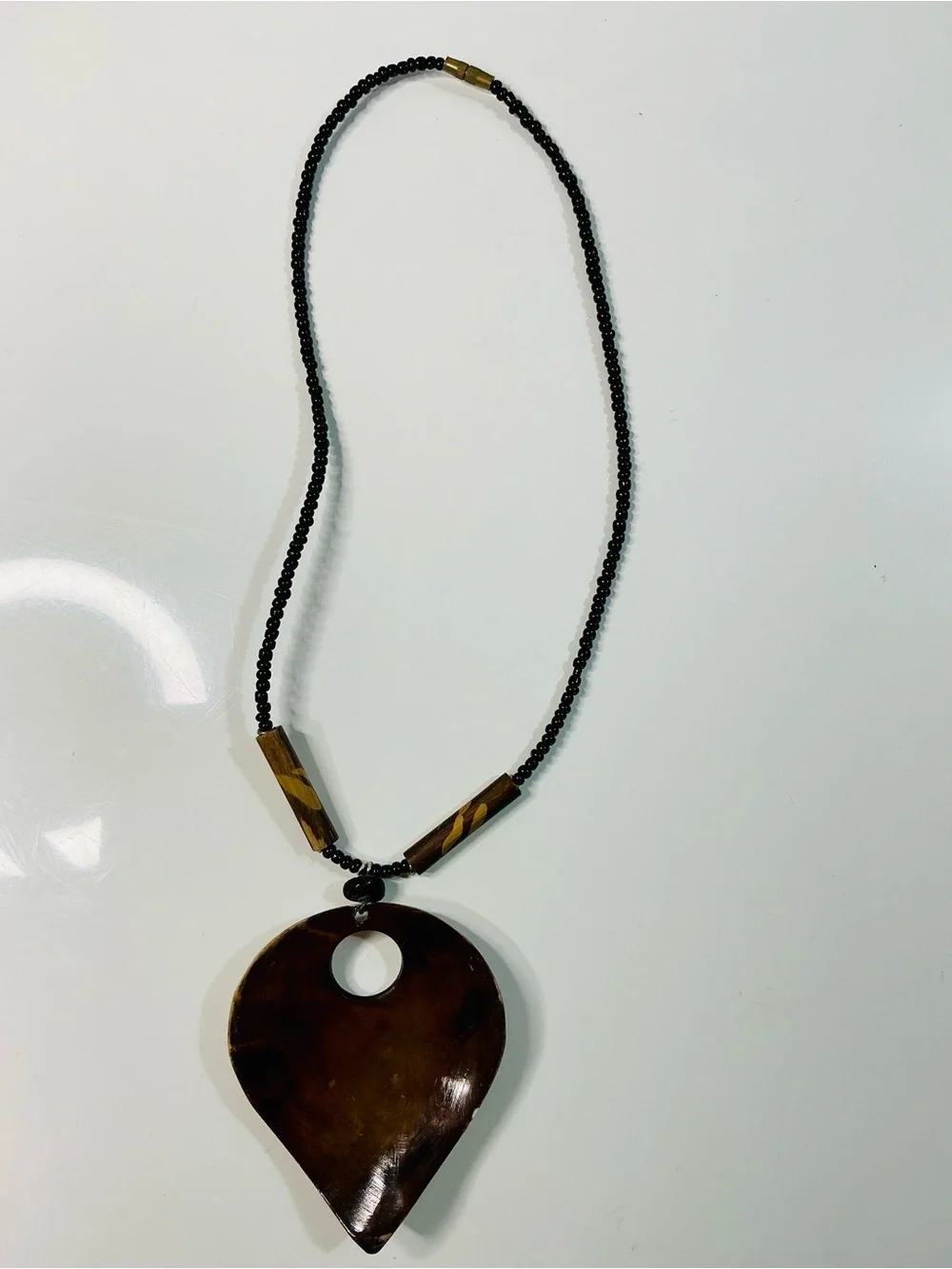 Handcrafted Brown Wooden Teardrop Pendant Necklace with Black Beaded Cord